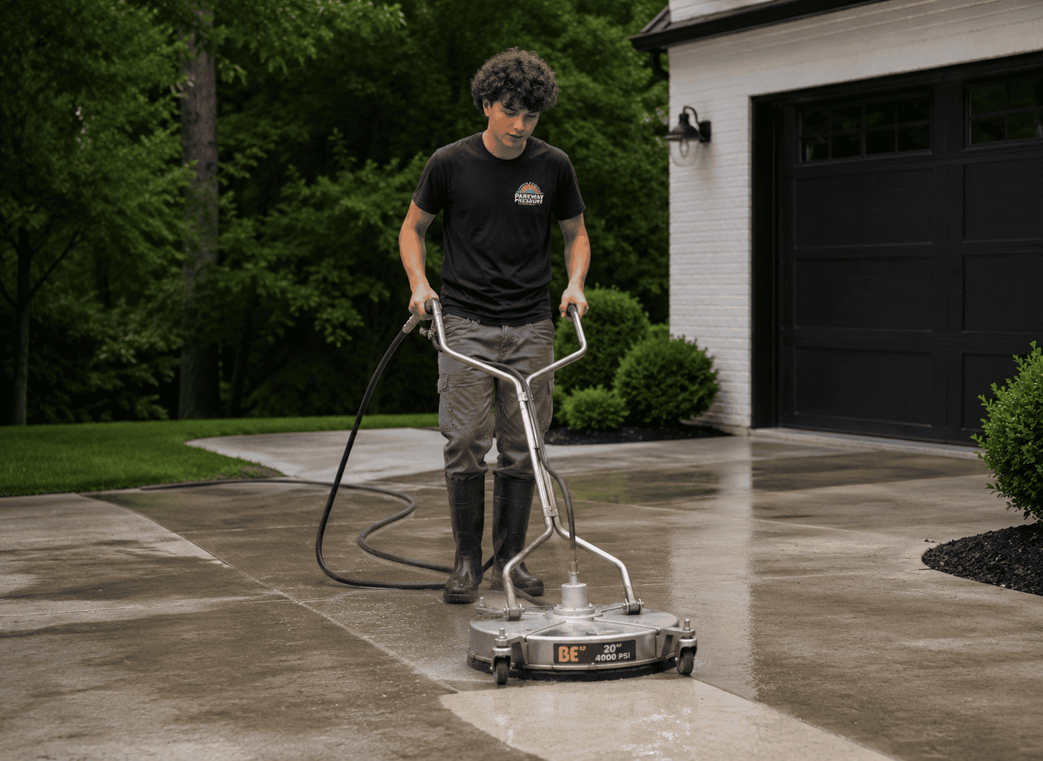 Surface cleaner in use on a driveway in Asheville, NC